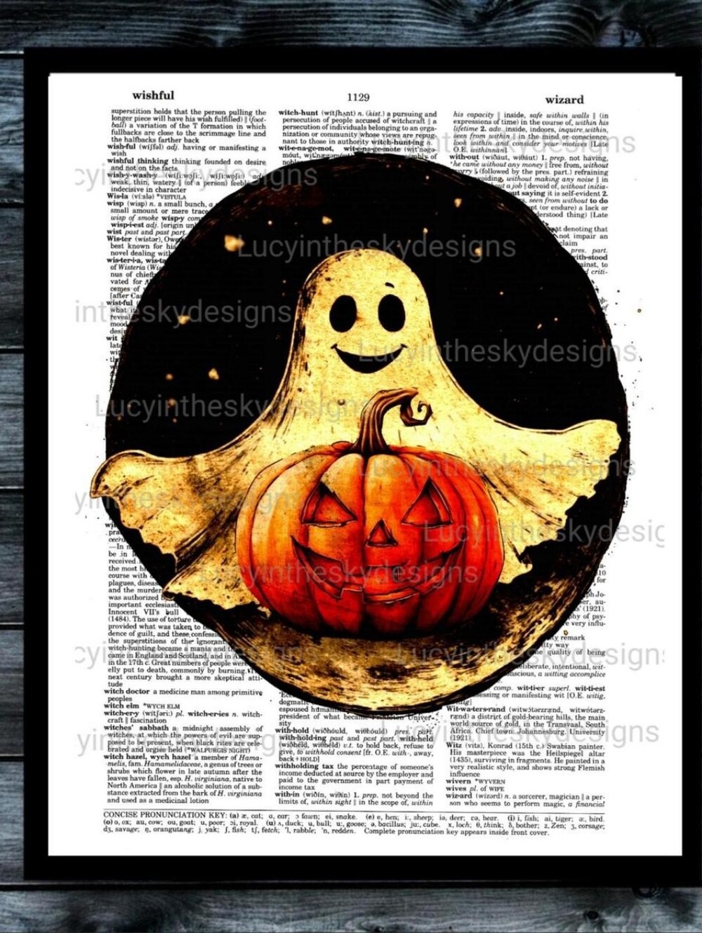 Halloween Pumpkin and Ghost Festive Spooky Season Holiday Wall Art Book Page Art